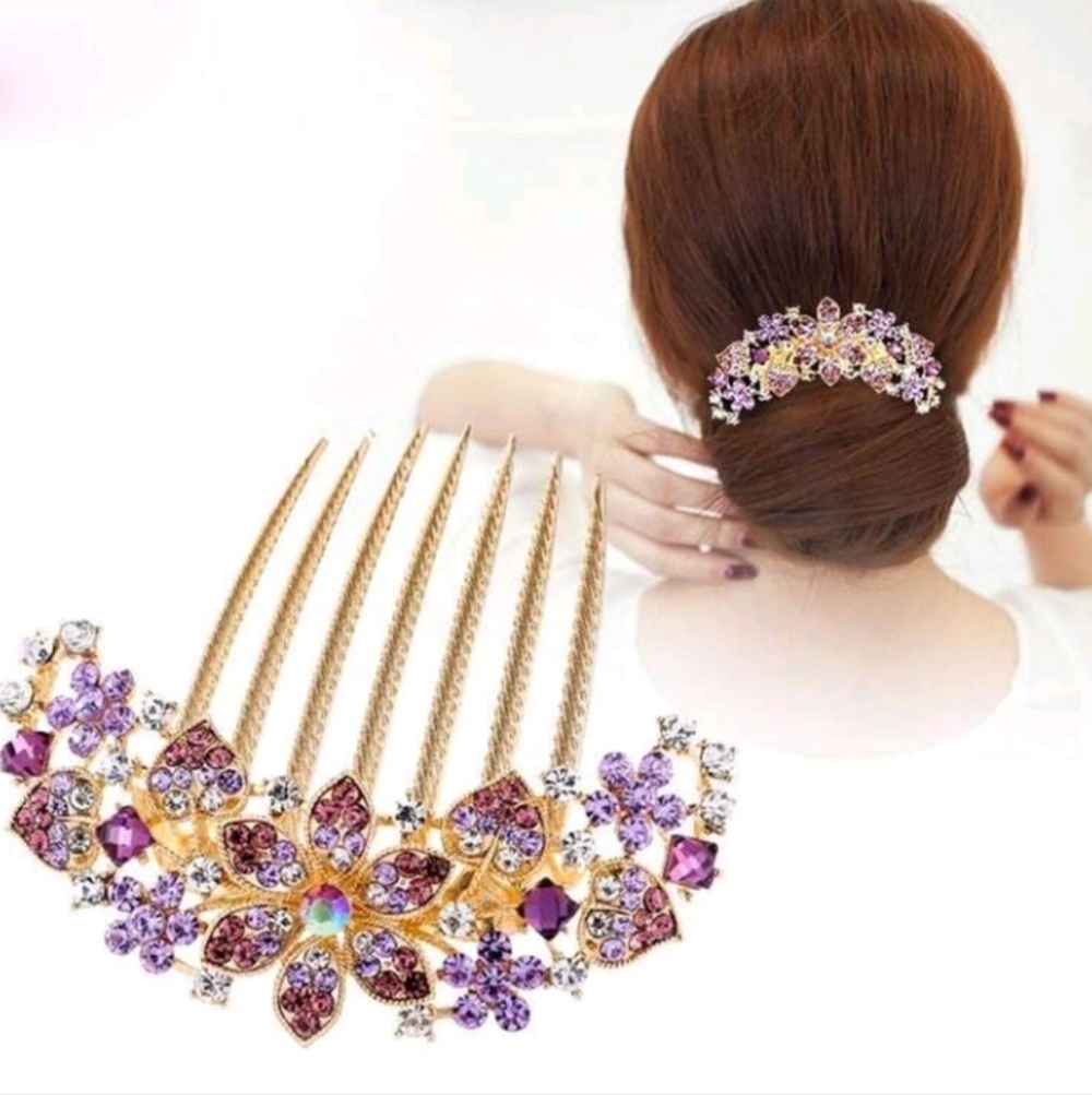 Bridal Hair Comb Gold and Purple Floral Wedding Rhinestone Comb